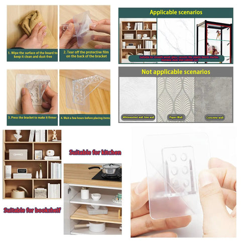 24 Pack Heavy Duty Adhesive Shelf Brackets For Cabinets Strong Peel And Stick Support Pegs No Drill Woes, installation guide images.