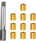 Spark Plug Thread Repair Kit With M16x1.25 Tap And 10 M14x1.25 Thread Inserts For Automotive Engines And Generators Pro Rethread Kit For Quick Easy No Fuss Spark Plug Repairs, showing metal tap and inserts.