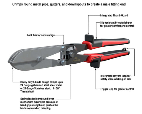 Five Blade Sheet Metal Crimper Hand Crimper For 24 To 28 Gauge Ductwork Downspout And Stove Pipe HVAC Tool with red and black handle