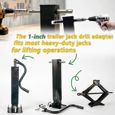Beefed Up Stainless Steel Trailer Jack Drill Adapter With One Inch Drive Shaft And Half Socket Bit Rock Solid Power Jack Tool in use alongside heavy-duty jacks.