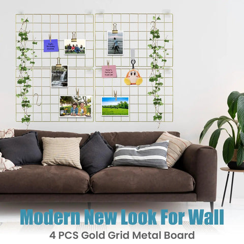 Gold Metal Wire Wall Grid Panel Set Of Four, Heavy Duty Photo Display And Memo Board, Legit Clutter Control Home Storage Rack To Keep Your Space Looking Dope