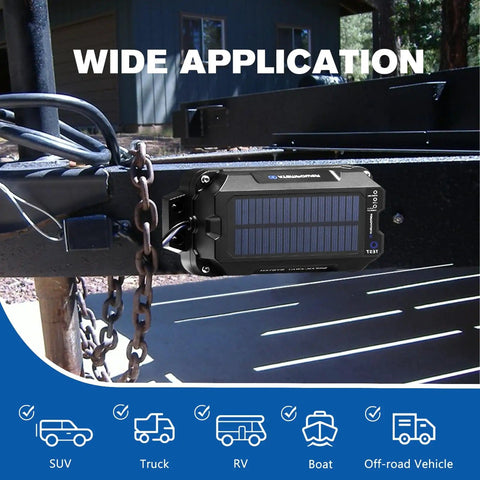 Trailer Brake Controller Kit With Solar Panel 12V 3Ah LiFePO4 Battery mounted on trailer with LED indicator and chains visible