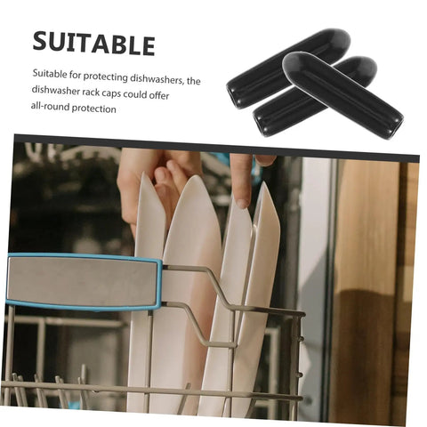 High Grade Black Plastic Dishwasher Rack End Caps 3mm 200 Piece Collection For Nail It Snap On Fixes And No Sweat Daily Washing Routines In Your Sweeter Kitchen Setup Right Now, showcased on a dishwasher rack with plates.