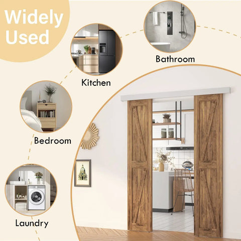 6Ft Double Sliding Barn Door Hardware With Heavy Duty Aluminum Track And Rustproof Silver Finish Featuring Silent Rollers And Shock Stops For Super Smooth Movement And A Tough Build With Hassle Free Setup For A Big Time Room Refresh shown in multiple room settings.