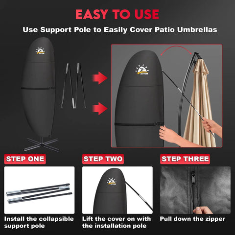 Step-by-step guide showing how to use Heavy Duty 600D Patio Umbrella Cover for Cantilever and Offset Umbrellas, waterproof fit.