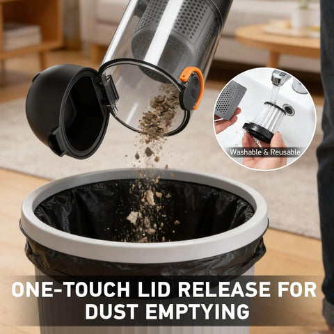 Super Handy 4 In 1 Cordless Car Vacuum With 18000Pa Suction and Brushless Motor Air Duster Function emptying dust into bin