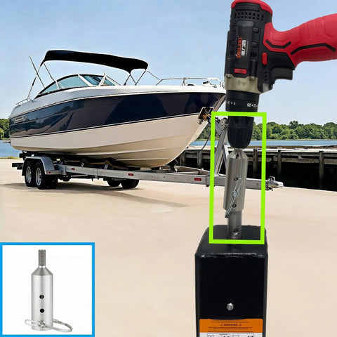 Heavy Duty Stainless Steel Trailer Jack Drill Adapter 4.5 Inch Length Fits One Inch Drive Shaft Handles 10K To 12K Pounds mounted to trailer