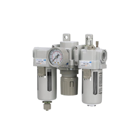 All In One Pneumatic Filter Regulator Lubricator Combo Three Eighth Inch NPT With Poly Bowl Manual Drain Gauge And Mounting Bracket