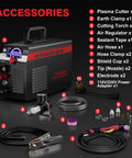 Dual Voltage Plasma Cutter 55A With Non Touch Pilot Arc, IGBT Inverter, Large LED Display, Cuts Clean Half Inch Metal shown with accessories