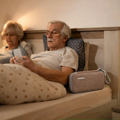 Elderly couple relaxing in bed with Insulin Cooler Travel Case With EVA Insulation And Two Ice Packs For Diabetes Care nearby