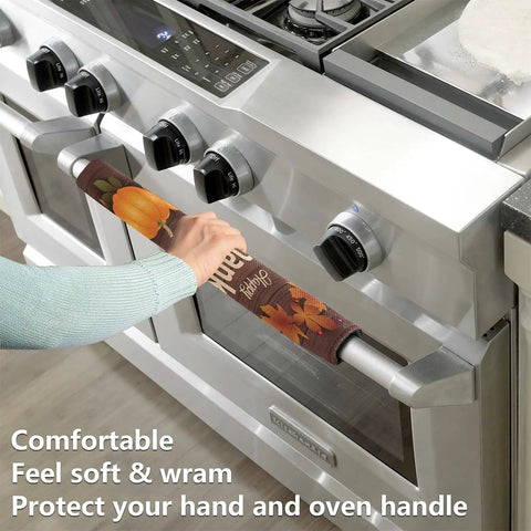 Two Pack Thanksgiving Halloween Refrigerator Door Handle Covers For Fridge And Microwave Oven on an oven handle