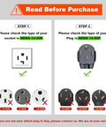 Instructional image showing steps to verify NEMA 14-30R socket and NEMA 14-50P plug for EV Charger Adapter usage.