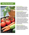 Rapitest pH Soil Tester Kit For Home Gardeners instructions next to fresh vegetables in soil with wooden basket.