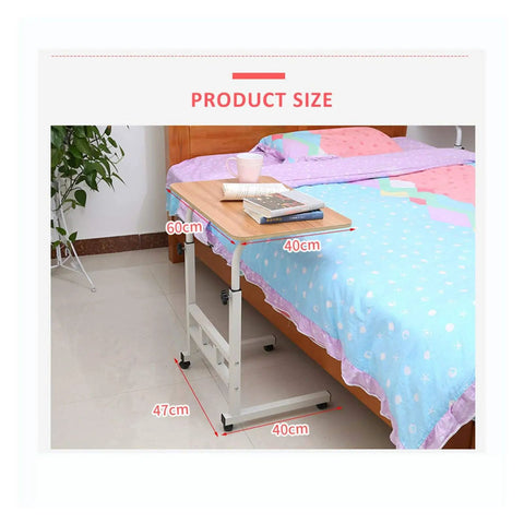 Adjustable Height Rolling Overbed Table With Easy Glide Casters For Bed Sofa Or Recliner Solid Sturdy Laptop Desk Total Win For Small Spaces And Chill Gaming Nights, shown next to bed measuring 60cm by 40cm.