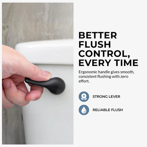 Close-up of Matte Black Front Mount Toilet Handle Replacement Kit with Universal Flush Lever in use on toilet tank.