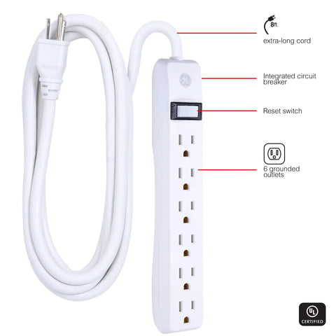Six Outlet Power Strip With Eight Foot Extension Cord For Home Office Workshop And Garage Use 6 Grounded Outlets Long Reach Cable Power Hub Durable And Tangle Free Cable Management, white