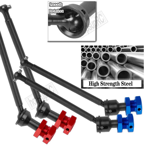 RC Drive Shaft CVD Upgrade Kit For 1/8 Typhon 6S And 1/7 Felony Limitless Roller Infraction 6S BLX 45 Steel Driveshafts Front And Rear Axles Aluminum Wheel Hex Hub Nuts In Red black steel RC driveshafts with red and blue aluminum wheel hex hubs