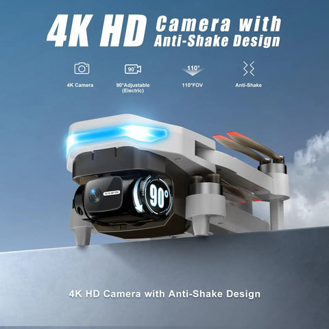 4K Camera Drone With GPS Auto Return, foldable design, brushless motors, close-up of 4K HD anti-shake camera highlighted