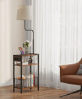 Floor Lamp With Integrated Table And Storage Baskets End Table With Three Color Temperature LED Bulbs Nightstand With USB Charging Station And Shelves Side Table For Living Room Bedroom Or Office Brown in room setting