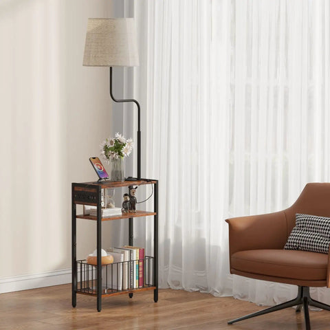 Floor Lamp With Integrated Table And Storage Baskets End Table With Three Color Temperature LED Bulbs Nightstand With USB Charging Station And Shelves Side Table For Living Room Bedroom Or Office Brown in room setting