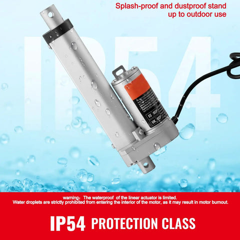 12V Linear Actuator With 6 Inch Stroke, 330 Lb Load, Quiet Under 60dB, Mounting Bracket Included, IP54 Weatherproof feature shown