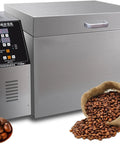 Next Level 2Kg Electric Coffee Bean Roaster With Adjustable Temp And Timer Controls smooth stainless steel countertop roaster with beans.