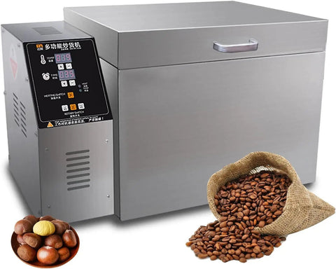 Next Level 2Kg Electric Coffee Bean Roaster With Adjustable Temp And Timer Controls smooth stainless steel countertop roaster with beans.
