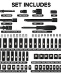 72 Piece Impact Socket Set Three Eighths Inch Drive With Six Point Deep Sockets SAE And Metric From Five Sixteenths To Three Quarters Inch Eight To Twenty Two Millimeters Includes Two Extension Rods Adapters Universal Joint And Screwdriver Handle With layout view