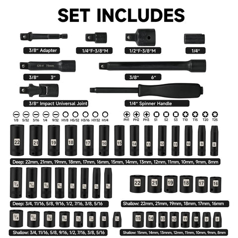 72 Piece Impact Socket Set Three Eighths Inch Drive With Six Point Deep Sockets SAE And Metric From Five Sixteenths To Three Quarters Inch Eight To Twenty Two Millimeters Includes Two Extension Rods Adapters Universal Joint And Screwdriver Handle With layout view