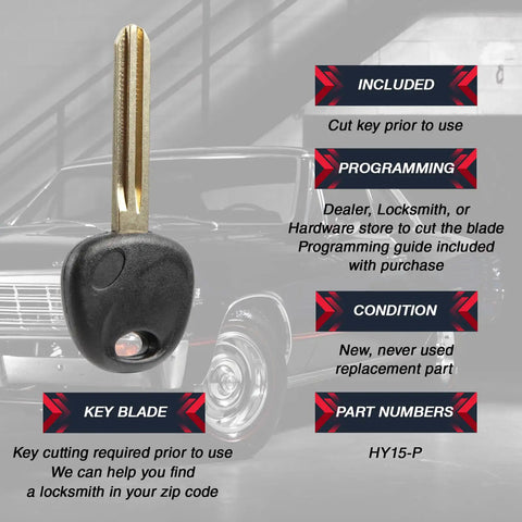 Uncut Plastic Head Car Key Blank Blade for Hyundai and Kia Models on classic car background, programming and key info displayed