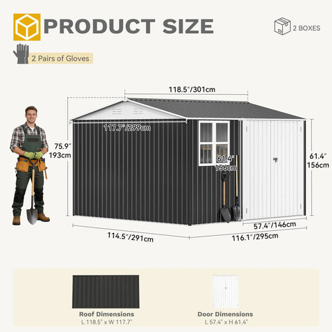 Diagram of 10 By 10 Ft Outdoor Metal Storage Shed With Windows Waterproof Build Lockable Doors And Sloped Roof For Patio