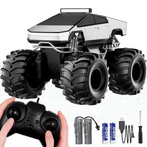 Amphibious RC Car Scale 1 18 4WD All Terrain Off Road Pickup Beast with remote, batteries, charger, and screwdriver visible
