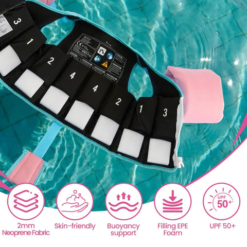 Inside view of Three In One Kids Swim Vest With Detachable Arm Bands For Ages Two To Eight showing buoyancy inserts and labels