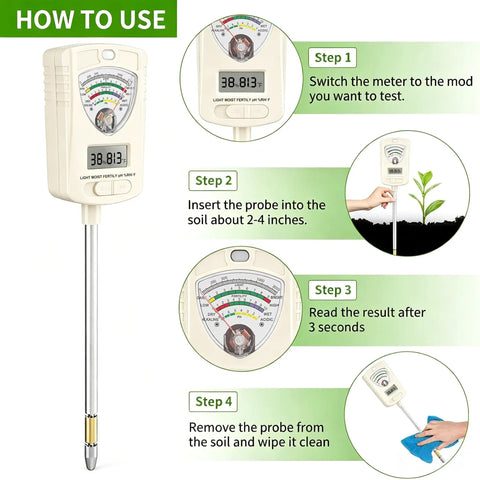 7 In 1 Soil Test Kit For Home Gardeners And Lawn Care With Moisture, pH, Temperature, Sunlight, Humidity And Fertility Meter, Built In 1.6 Inch Sensor, One Button Mode Switch For Easy Indoor Outdoor Plant Diagnostics. Usage guide with probe and display