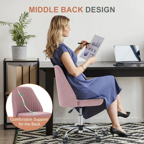 Woman using Comfy Vanity and Desk Chair with Wide Seating Armless Height Adjustable Rolling Swivel Task Chair Blush at desk