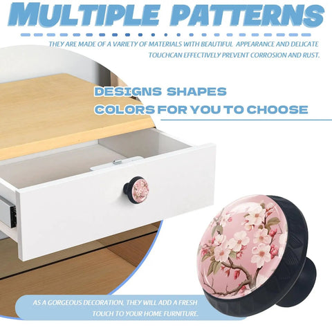 Open drawer with crystal glass cabinet knob featuring a cherry blossom mural, part of 6 Pack with dope cherry blossom motif.