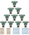 Solid Green Ceramic Cabinet Knobs In A Ten Piece Bundle, 34mm Drawer Pulls with screws arranged in a neat layout.