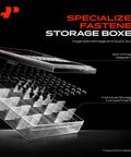 Specialized fastener storage box with printed diagram for organized storage and quick access to various compartments