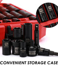 Pro Grade One Quarter Inch Drive Impact Socket Set with universal deep Torx sockets and adapters in a red storage case