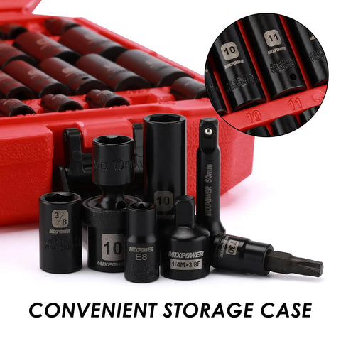 Pro Grade One Quarter Inch Drive Impact Socket Set with universal deep Torx sockets and adapters in a red storage case