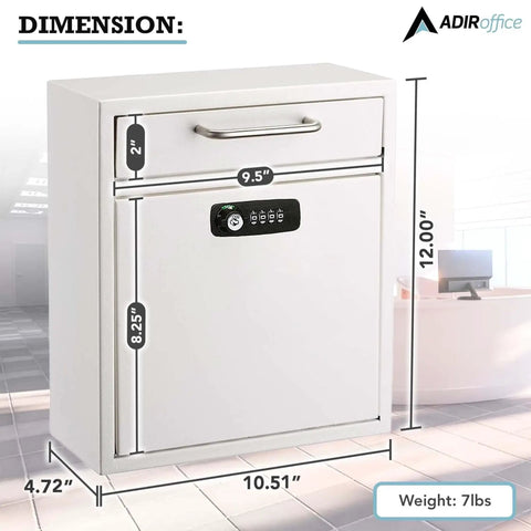 Secure Wall Mounted Mailbox Drop Box With Key Or Combo Lock Heavy Duty 16 Gauge Steel Ideal For After Hours Deposits Payments And Letter Drops Spacious Durable Postbox For Indoor Or Outdoor Use, dimensions shown in office setting