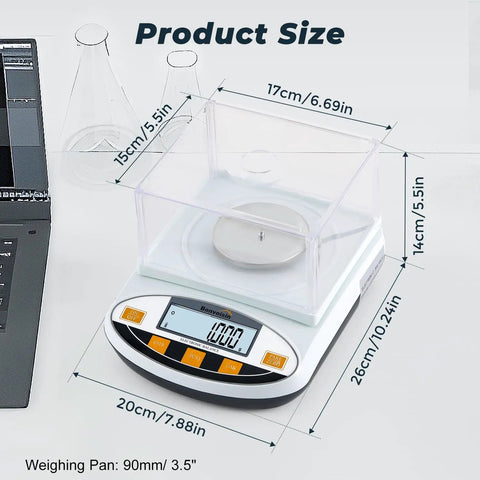 Pro Grade 500g Analytical Balance With 0.001g Readability Digital Lab Scale showing dimensions and windshield