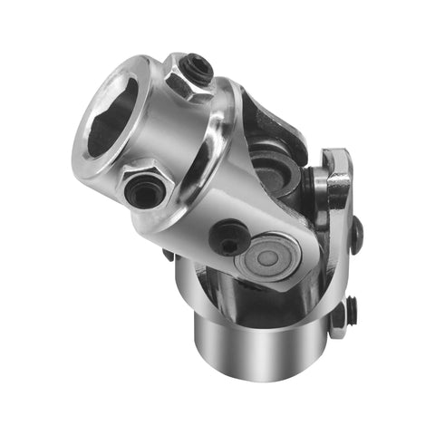 9/16 Inch 26 Spline To 3/4 Inch Double D Chrome Steering Universal Joint Shaft, 83mm Length, 4000 RPM Rating, 35 Degree Working Angle, Heavy Duty Universal Joint For Grinding Machines, Automotive Parts, Levelers, And Automated Parking Lifts, chrome joint close-up