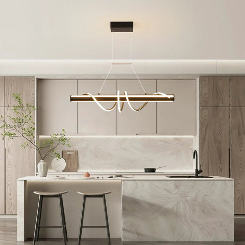 Modern Black Wave Linear Pendant Light With Remote Dimmable 55W LED Chandelier installed over a kitchen island