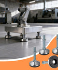 Four Pack Heavy Duty Adjustable Leveling Feet With Anti Vibration Pads For Workbenches And Industrial Machinery M Sixteen Threaded With Three Point One Inch Base Handling Seven Thousand Five Hundred Pound Static Load shown with machinery in workshop.