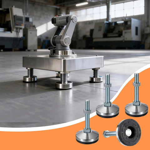 Four Pack Heavy Duty Adjustable Leveling Feet With Anti Vibration Pads For Workbenches And Industrial Machinery M Sixteen Threaded With Three Point One Inch Base Handling Seven Thousand Five Hundred Pound Static Load shown with machinery in workshop.