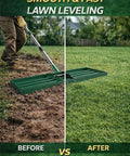 Person using Lawn Leveling Rake 30 By 10 Inch Adjustable Leveler For Yard And Garden Heavy Duty Stainless Steel Handle Easy Dirt And Soil Leveling Tool For Lawn Top Dressing Green on uneven soil
