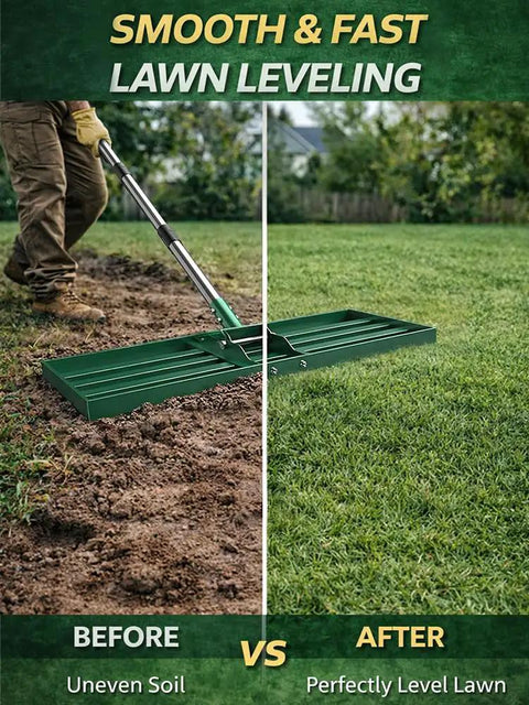 Person using Lawn Leveling Rake 30 By 10 Inch Adjustable Leveler For Yard And Garden Heavy Duty Stainless Steel Handle Easy Dirt And Soil Leveling Tool For Lawn Top Dressing Green on uneven soil