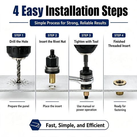 Heavy Duty Manual Head Rivet Nut Tool Kit With 7 Quick Change Heads For M3 To M12 Fastening And 70 Brass Threaded Inserts For Auto Body Work installation steps