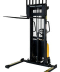 Rock Solid DC Powered Electric Pallet Stacker With Adjustable Forks and Leveling Legs, 63 inch lift, black frame.